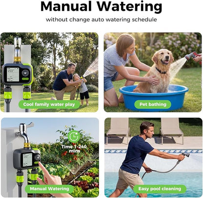 Sprinkler Timer, Brass Inlet Programmable Watering Timer for Garden Hose Fits 3/4” US Faucet, Outdoor Auto& Manual Hose Timer w/Rain Delay& Lock, Dirp Irrigation for Lawn, Yard, 2 Outlets