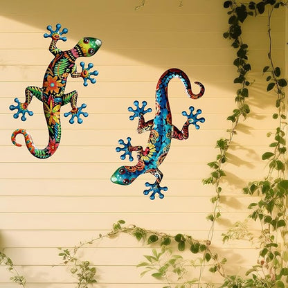 Ratuor Metal Gecko Wall Art Outdoor Fence Decor Lizards Wall Decoration 2 Pack Suitable for Hanging in Yard Livingroom Wall