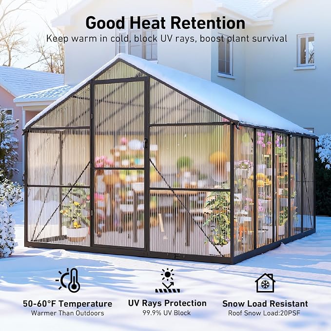 8x10FT Greenhouses for Outdoors with Hygrometer, Polycarbonate Green Houses for Outside Heavy Duty with Aluminum Frame, Walk in Greenhouses with Drainage Channel Roof Vent for Backyard or Garden Use