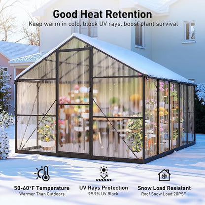 8x10FT Greenhouses for Outdoors with Hygrometer, Polycarbonate Green Houses for Outside Heavy Duty with Aluminum Frame, Walk in Greenhouses with Drainage Channel Roof Vent for Backyard or Garden Use