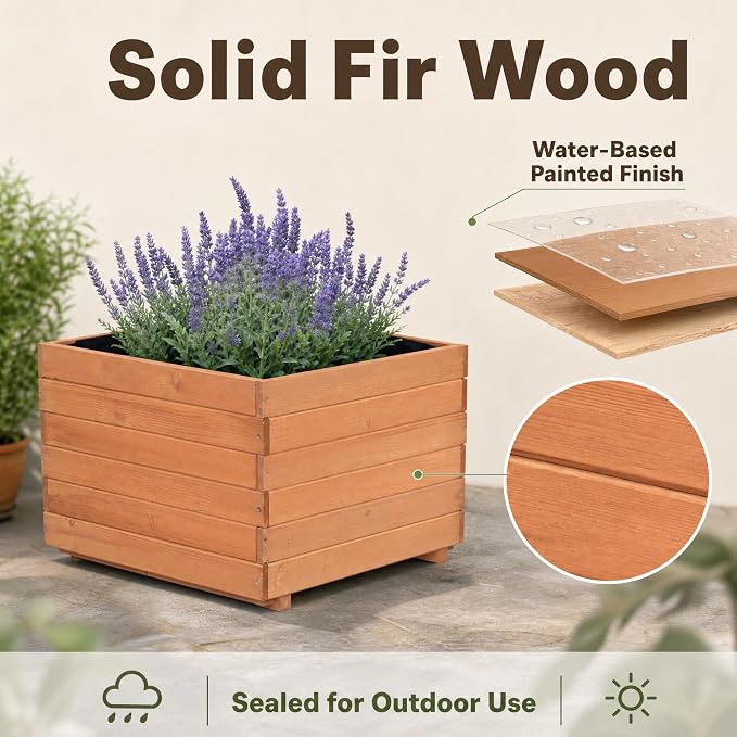 23.62" Square Wooden Planter Box, Planters for Outdoor Plants | Fir Wood Outdoor Garden Bed with 2 Drainage Holes Reinforced Bottom Support