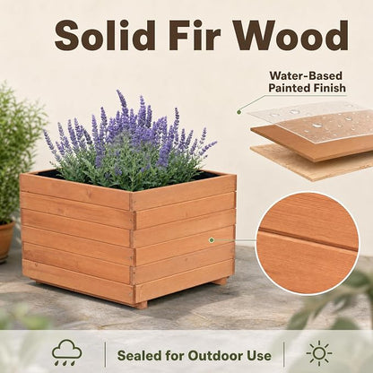 23.62" Square Wooden Planter Box, Planters for Outdoor Plants | Fir Wood Outdoor Garden Bed with 2 Drainage Holes Reinforced Bottom Support