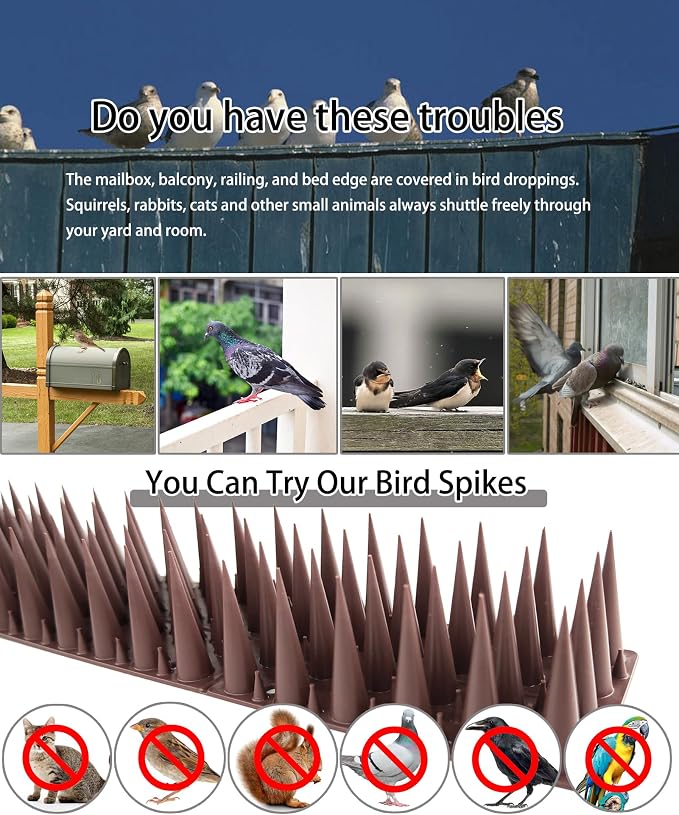 DY.2ten Bird Spikes, 11.8in Deterrent Spike, 10-Pack (9.8ft Total) Fence Spikes Bird for Outside to Keep Bird Squirrel Raccoon Pigeon Cat Away and Keep Birds from Building Nest, Easy to Install
