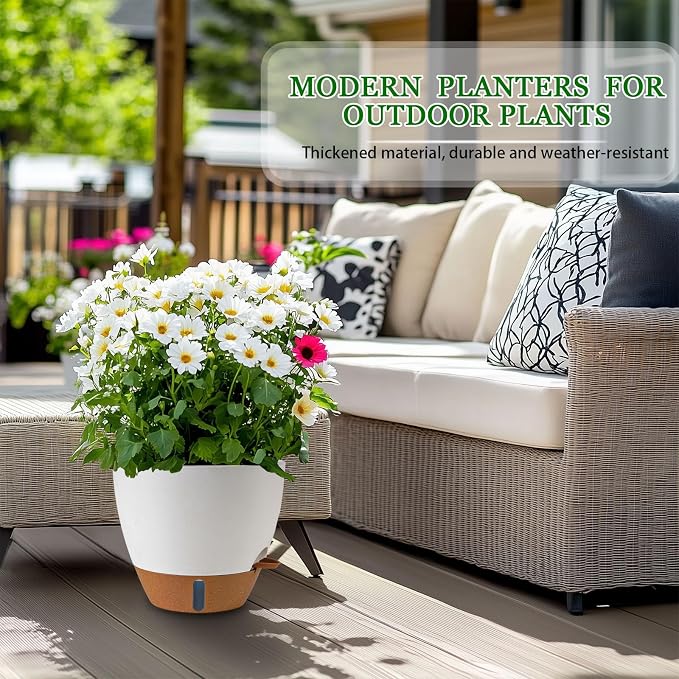 2 Pack 10 inch Plant Pots, Plastic Self Watering Planters with Drainage Holes, Deep Reservoir, Water Level Indicator, Modern Decorative Flower Pots for Indoor Outdoor Plants (White, 10 inch)