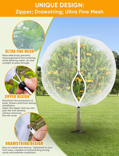 VITI Fruit Tree Netting for Cicadas - with 4Pcs 3.3Ftx3.3Ft Zipper&Drawstring Protection for Your Fruit Trees Garden Bird Netting Covers Blueberry Bush Tomato Bug Plant Protection Cherry Apple Tree