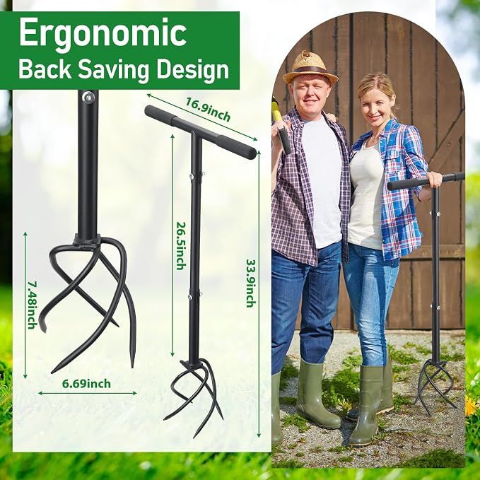 BeBecome Hand Tiller for Gardening, Manual Garden Claw Cultivator with 4 Sharp Curved Steel Tines, Twist Tiller Soil Loosener, Rotary Handheld Tiller for Yard Lawn Weeding