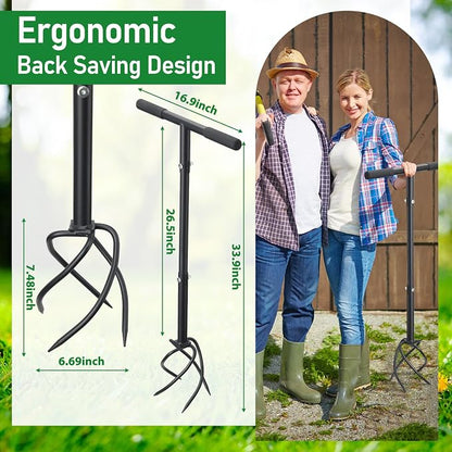 BeBecome Hand Tiller for Gardening, Manual Garden Claw Cultivator with 4 Sharp Curved Steel Tines, Twist Tiller Soil Loosener, Rotary Handheld Tiller for Yard Lawn Weeding