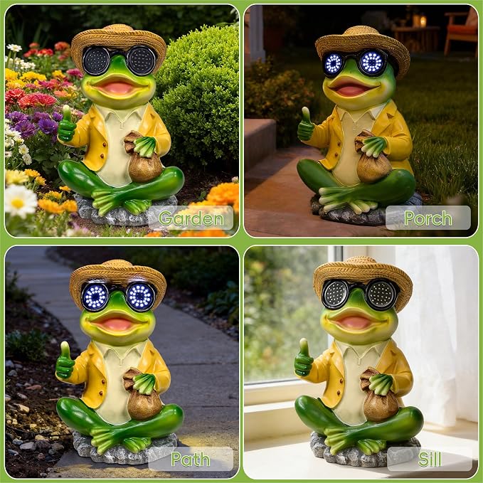 Solar Frog Garden Statue Decor - Waterproof Frog Figurine with Solar LED Blink Eyes,Funny Outdoor Garden Statues for Yard Patio Lawn Ornament,Unique Housewarming, Birthday, Thanksgiving, Mom Gifts