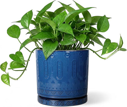 Eightpot Ceramic Planter, 6 Inch Plant Pot with Drainage Hole and Tray, Round Flower Pots for Indoor Outdoor Plants, Boho Decorative Pots for Plants, Bookshelf Decor, House Warming Gift, Blue