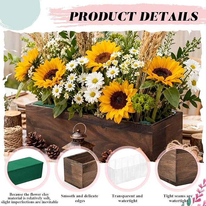 Dandat 1 Set Wood Boxes for Centerpieces 16x4 Inch Rectangle Wooden Planter Box Rustic Wooden Planters with Removable Plastic Liner Floral Foam Blocks for Christmas Wedding Home Garden Decor(Brown)