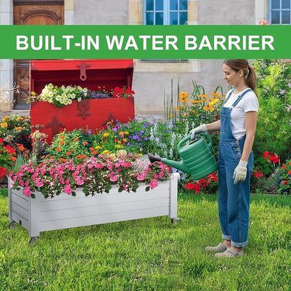 PatioZen Raised Garden Bed with Wheels, 21 Gallon Self-Watering Outdoor Raised Planter Box with Drainage Plug & Gauge for Vegetables Flowers Herbs, Rustproof Resin for Backyard Patio Porch (Ashen)