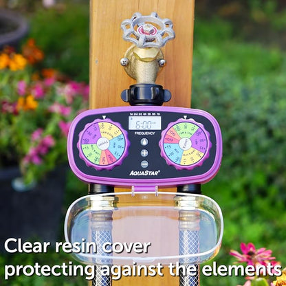 AQUASTAR Two-Zone Hose Watering Timer (Purple), Automatic Irrigation for Lawn, Garden, Yard, Two Outlets