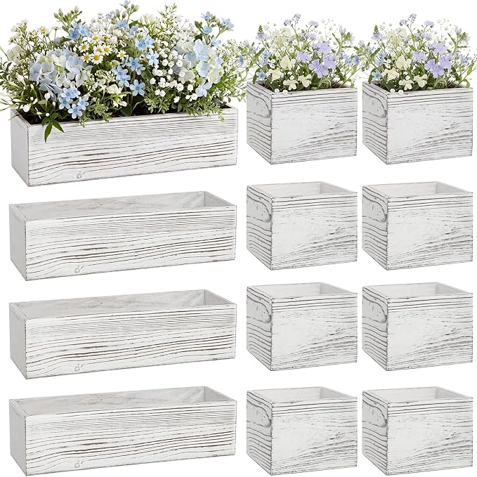 Leinuosen 12 Wooden Planter Boxes Set, 4 Pcs 12 x 4 Inch Rectangle Wood Planter Box 8 Pcs 4 x 4 Inch Wooden Cube Flower Pots Rustic Square Wood Vase for Centerpiece Wedding Decoration(Classic,White)