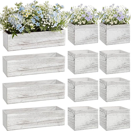 Leinuosen 12 Wooden Planter Boxes Set, 4 Pcs 12 x 4 Inch Rectangle Wood Planter Box 8 Pcs 4 x 4 Inch Wooden Cube Flower Pots Rustic Square Wood Vase for Centerpiece Wedding Decoration(Classic,White)