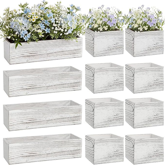 Leinuosen 12 Wooden Planter Boxes Set, 4 Pcs 12 x 4 Inch Rectangle Wood Planter Box 8 Pcs 4 x 4 Inch Wooden Cube Flower Pots Rustic Square Wood Vase for Centerpiece Wedding Decoration(Classic,White)