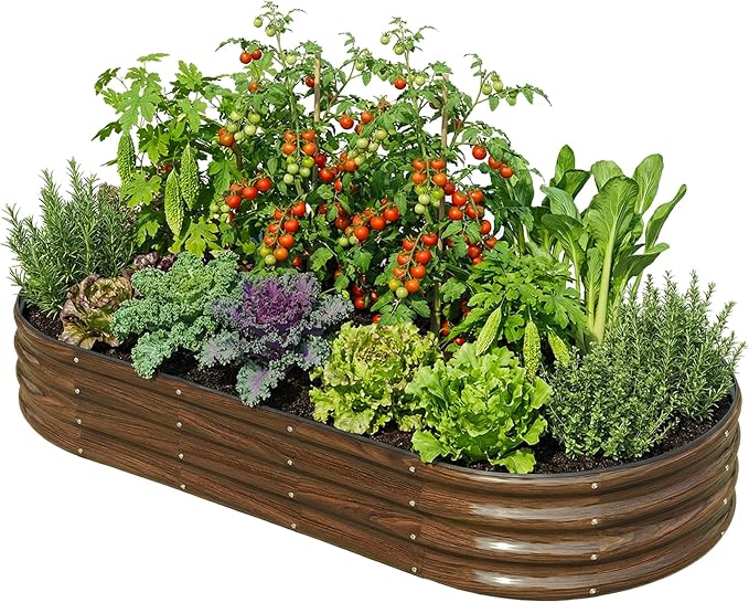 SnugNiture 6x3x1ft Raised Garden Bed Kit, Outdoor Oval Metal Garden Planter, Ground Planter Box for Gardening Vegetables Flowers, Brown