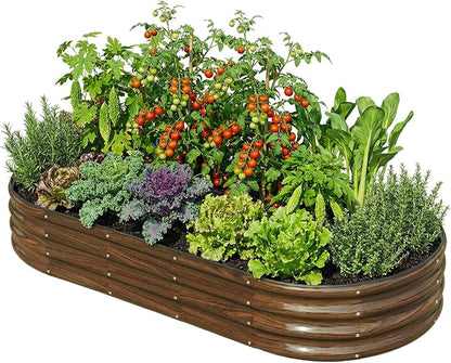 SnugNiture 6x3x1ft Raised Garden Bed Kit, Outdoor Oval Metal Garden Planter, Ground Planter Box for Gardening Vegetables Flowers, Brown