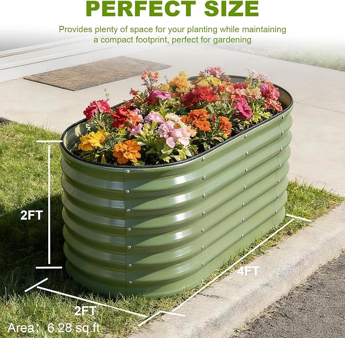 24" Tall Galvanized Raised Garden Bed Outdoor, 4x2x2ft Deep Metal Planter Box with Safety Edging & Support Bars, Large Oval Raised Beds for Gardening Plants Vegetables Herbs Flowers (Olive Green)