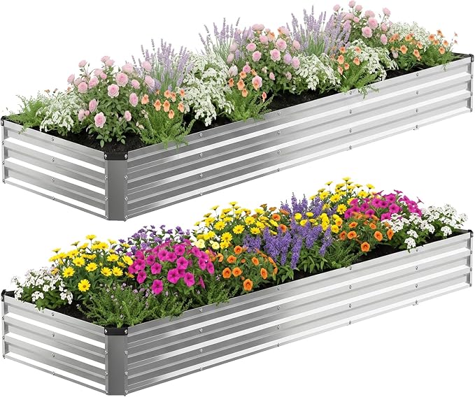 NEWBULIG Galvanized Raised Garden Bed Outdoor, 12x4x1ft 2 Pack Metal Planter Box for Gardening, Rust-Resistant Rectangular Raised Flower Bed for Vegetables Flowers Herbs, Open Bottom, Easy Assembly