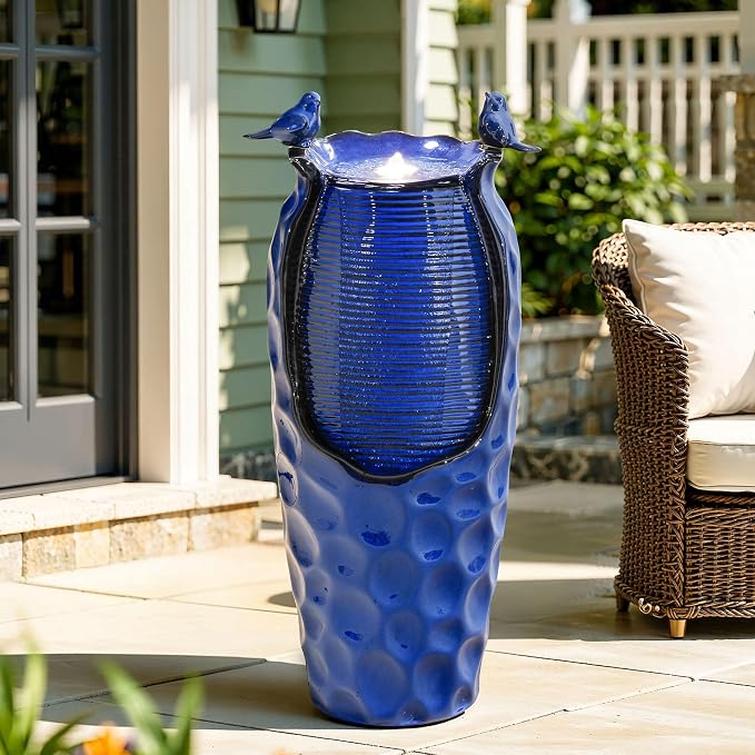 Autodaya 33" Vase Ceramic Outdoor Water Fountain with Lights and Birds | cobalt blue glazed water feature with textured design, ambient soothing cascading water flow for garden patio yard sanctuary