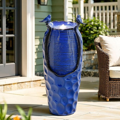 Autodaya 33" Vase Ceramic Outdoor Water Fountain with Lights and Birds | cobalt blue glazed water feature with textured design, ambient soothing cascading water flow for garden patio yard sanctuary
