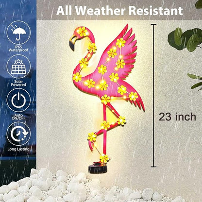 Metal Flamingo Outdoor Wall Decor with 30 Led Solar Lights- 23.2" Outdoor Fence Wall Art Decor, Gift for Mom Grandma Women Birthday Gardening,Hanging Decoration for Garden Patio Porch Yard