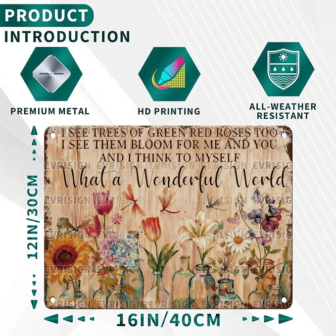 Dragonfly Metal Sign Dragonfly Wall Art Decor What a Wonderful World I See Trees of Green Red Roses Too Poster for Garden Patio Yard Greenhouse Plantroom 12x16inch