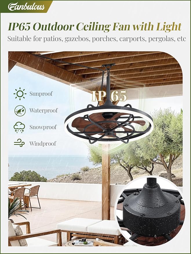 Fanbulous Outdoor Ceiling Fans with Light for Patios, 24" Weatherproof Plug in Ceiling Fan, Gazebo Fan Remote&APP Control, 3CCT Dimmable, Caged Ceiling Fan with Hanging Hook for Porch, Pergola, Canopy