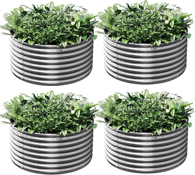 4 Pack 3x3FT Round Corrugated Galvanized Steel Raised Garden Bed Outdoor, Metal Above Ground Garden Bed for Vegetables and Flowers, Raised Beds for Gardening-3x3FTx10Inch