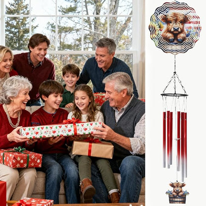 Highland Cow Wind Chimes - Metal Windchime with 3D Spinners | Cows Gifts for Women Mom Garden Decor Indoor Outdoor Art Hanging Decoration for Patio Yard Balcony Christmas Birthday Gift