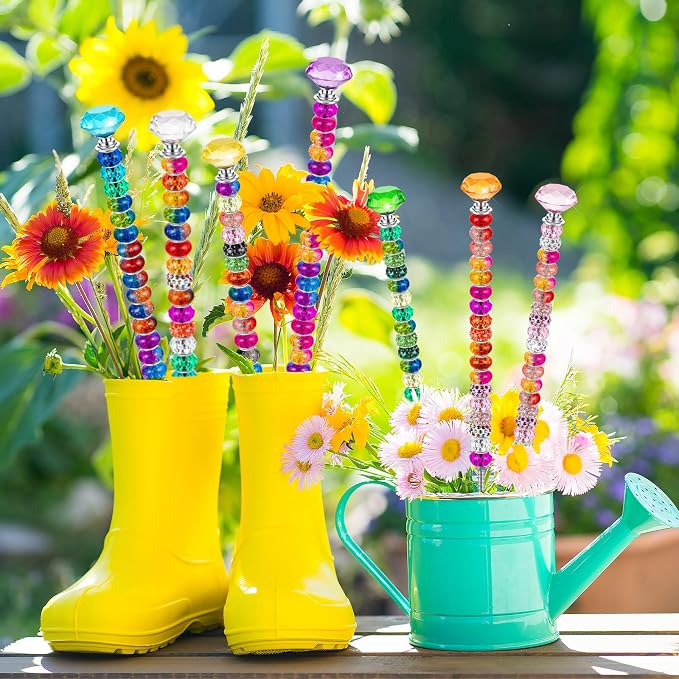 230 Pcs Beaded Garden Stakes DIY Fairy Wand Kit, 12 in | 200 Colorful Assortment Round Large Hole Beads, 10 Crystal Stopper Top, 10 Threaded Rod & 10 Nuts, Outdoor Decoration