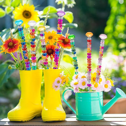 230 Pcs Beaded Garden Stakes DIY Fairy Wand Kit, 12 in | 200 Colorful Assortment Round Large Hole Beads, 10 Crystal Stopper Top, 10 Threaded Rod & 10 Nuts, Outdoor Decoration