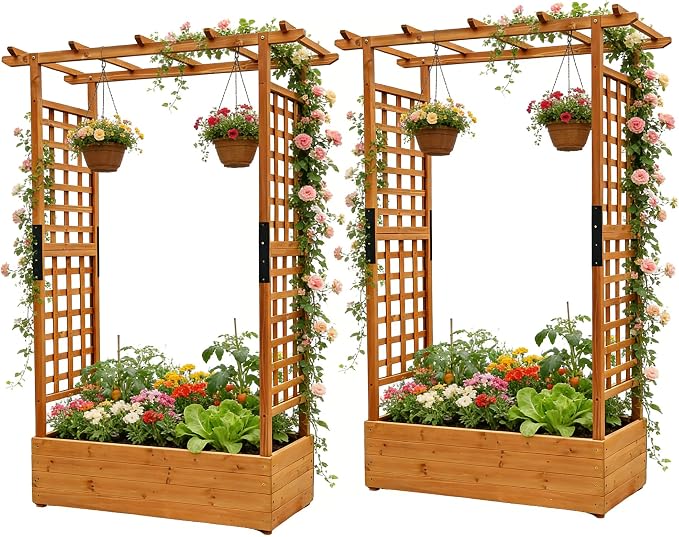 Raised Garden Bed with Wood Trellis Set of 2 Outdoor Planter Box for Tomatoes Climbing Vegetables Herbs Flowers Patio Pots Tall Hanging Roof 2 Drainage Holes Orange, 42.51" L x 17.32" W x 67" H