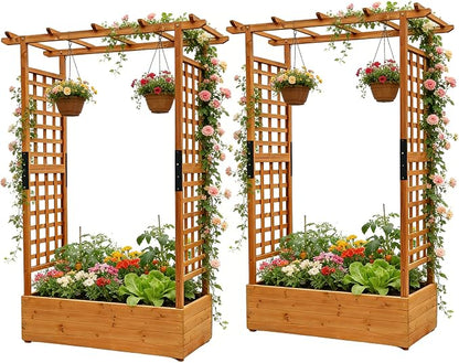 Raised Garden Bed with Wood Trellis Set of 2 Outdoor Planter Box for Tomatoes Climbing Vegetables Herbs Flowers Patio Pots Tall Hanging Roof 2 Drainage Holes Orange, 42.51" L x 17.32" W x 67" H