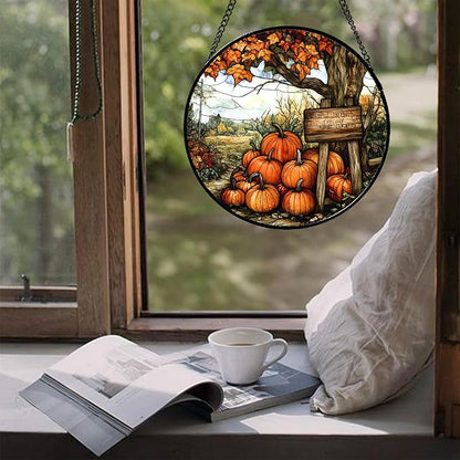 DASTOLL Stained Glass Window Hanging Fall Farm Scenery Maple Trees Pumpkin 6.3" - Suncatcher Door Garden Kitchen Sun Catcher Autumn Decor Birthday for Mom Nana Men Woman Friend