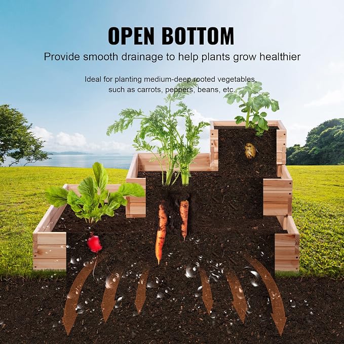 VEVOR 3 Tier Raised Garden Bed Wood Outdoor, 45 x 45 x 20in High End Natural Fir Wood Planter Box, Outdoor Planting Boxes for Flowers/Vegetables/Herbs in Backyard/Garden/Patio/Balcony, with Open Base