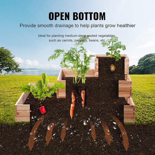 VEVOR 3 Tier Raised Garden Bed Wood Outdoor, 45 x 45 x 20in High End Natural Fir Wood Planter Box, Outdoor Planting Boxes for Flowers/Vegetables/Herbs in Backyard/Garden/Patio/Balcony, with Open Base