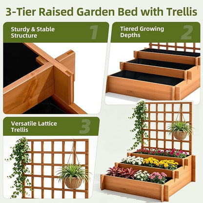 43" 3-Tier Fir Wood Raised Garden Bed Planter with Trellis | Fir wood tiered planter with trellis, liners, and 3 growing beds for flowers, herbs, veggies, vines, patio, or yard
