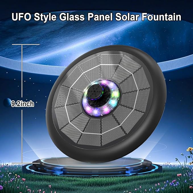 Solar Fountain UFO Style, 2026 Upgrade 5W Glass Solar Panel Bird Bath Fountain with LED Lights, 4000mAh Backup Battery, 7 Nozzles for for Garden, Pond, Pool, Patio Outdoor Water Feature