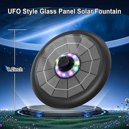 Solar Fountain UFO Style, 2026 Upgrade 5W Glass Solar Panel Bird Bath Fountain with LED Lights, 4000mAh Backup Battery, 7 Nozzles for for Garden, Pond, Pool, Patio Outdoor Water Feature