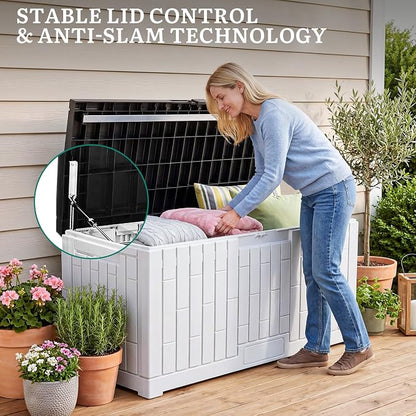 YITAHOME Large Deck Box 120 Gallon Resin Outdoor Storage Box | Patio Storage Bin for Outdoor Pillows, Garden Tools and Pool Supplies, Waterproof, Lockable, Grayish-White