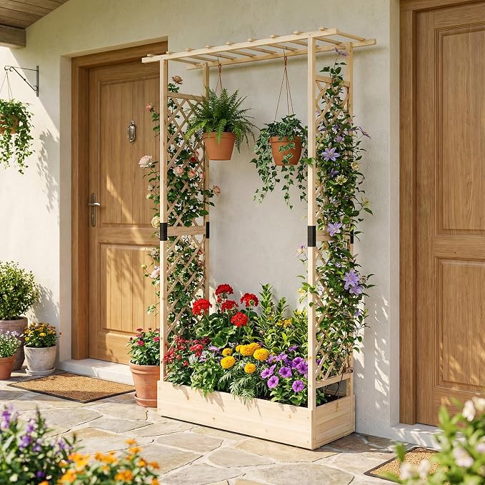 Giantex Wooden Raised Garden Bed with Trellis & Hanging Roof, 2 Pack Fir Wood Planter Box, 89” Freestanding Elevated Garden Bed for Outdoor Climbing Plants Vegetables Flowers, Patio & Balcony, Natural