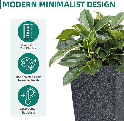 Autodaya 28" Tall Planters Set of 2 Black Terrazzo Plastic Flower Pots | Large Weather-Resistant Planters for Patio, Porch, Garden, Front Door, Indoor Spaces, and Christmas Decor
