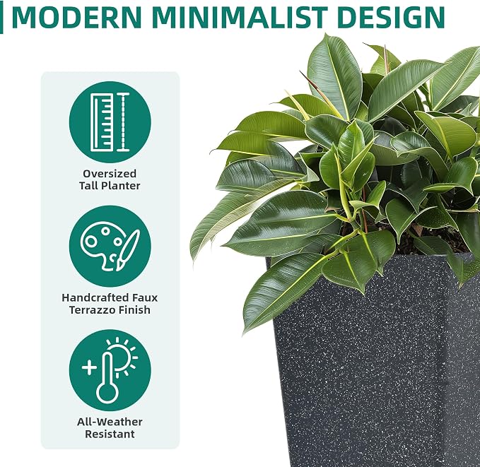Autodaya 28" Oversized Black Terrazzo-Look PP Tall Planters Set of 2 | Lightweight PP Pots With Drainage Hole for Indoor and Outdoor Plants, Patio, Garden, Porch, Living Room, or Gifting