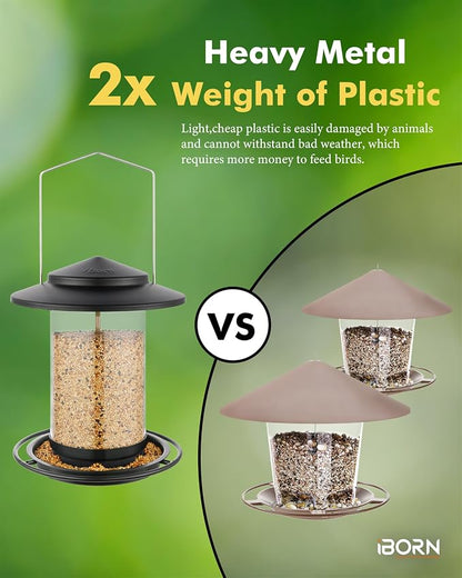 iBorn Metal Bird Feeders for Outdoors Hanging,Wild Bird Feeders for Cardinal,18cm Large Roof&Tray Black 6 Port (Seed is not Included)