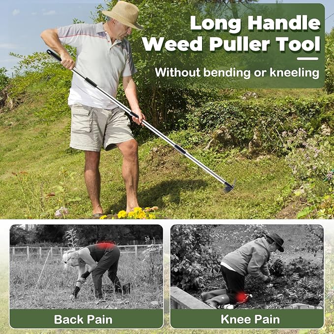 NICOFPHY Weed Puller Tool with Long Handle - 60" Manual Weeder Remover Tool, 2 in 1 Hand Weed Rake and Garden Hoe for Gardening, Heavy Duty Uprooting Weeding Pull for Yard, Lawn, Patio and Garden