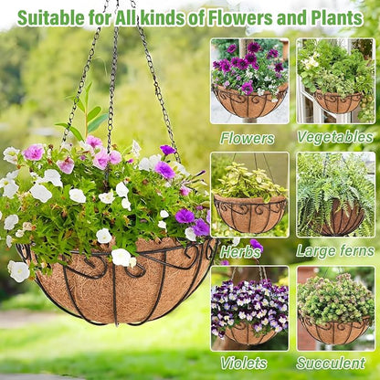Legigo 2 Pack 14 Inch Metal Hanging Baskets for Plants Outdoor- Wire Round Hanging Planters Basket with Coconut Coir Liner, Hanging Flower Pot for Outdoor Plants Flowers Garden Decorations