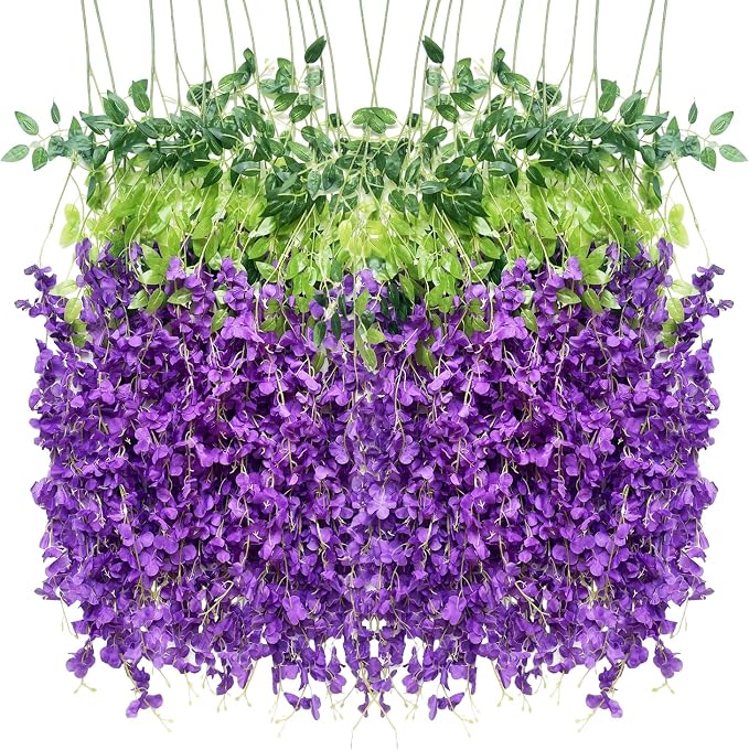 Artificial Flowers Hanging Flowers, Fake Garland Silk Vines Rattan String Decor for Home Wedding Arch Wall Garden Greenery Bedroom Outdoor Office Party Decoration (12, Purple)