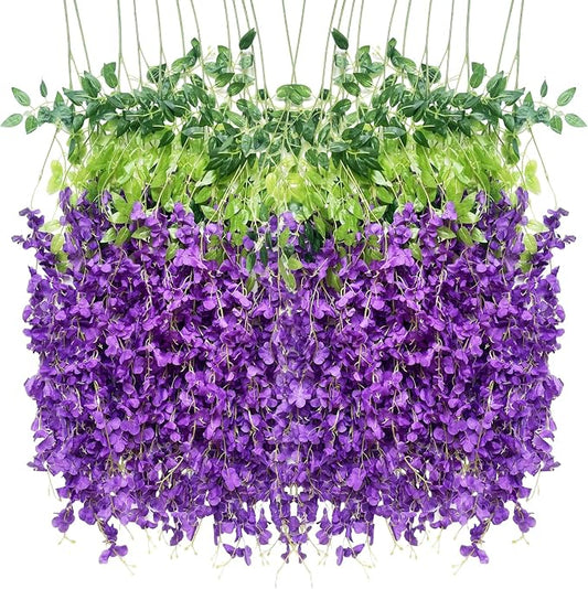 Artificial Flowers Hanging Flowers, Fake Garland Silk Vines Rattan String Decor for Home Wedding Arch Wall Garden Greenery Bedroom Outdoor Office Party Decoration (12, Purple)