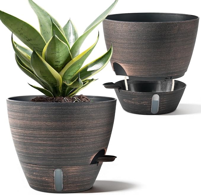 ZMTECH 10 Inch Self Watering Pots for Indoor/Outdoor Plants, Bronze Large Plastic Planter with Water Level Indicator, Drainage Hole & Removable Saucer for Garden Flowers, Deco Plant Container